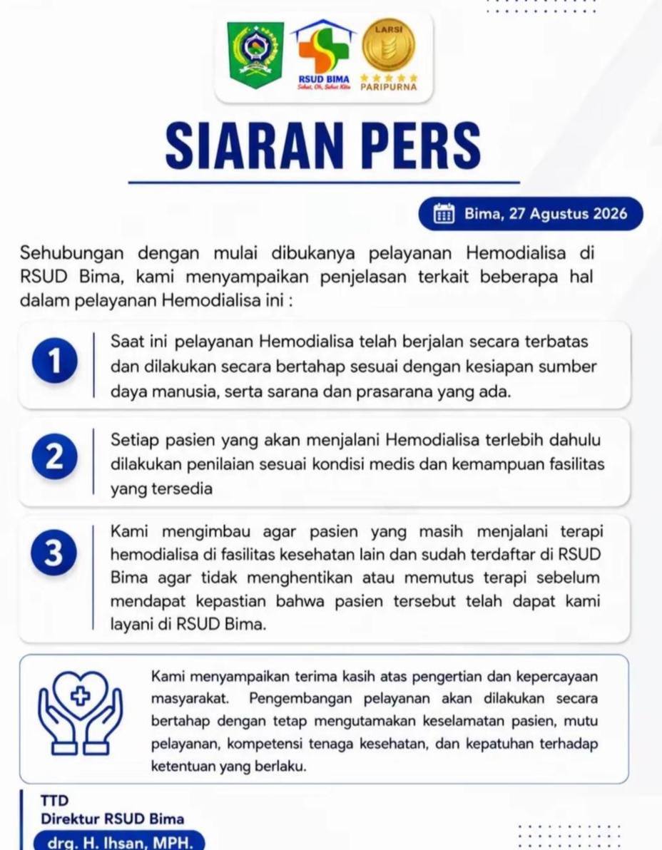 RSUD Bima Buka Pelayanan Hemodialisa Lengkap Dengan Penjelasannya